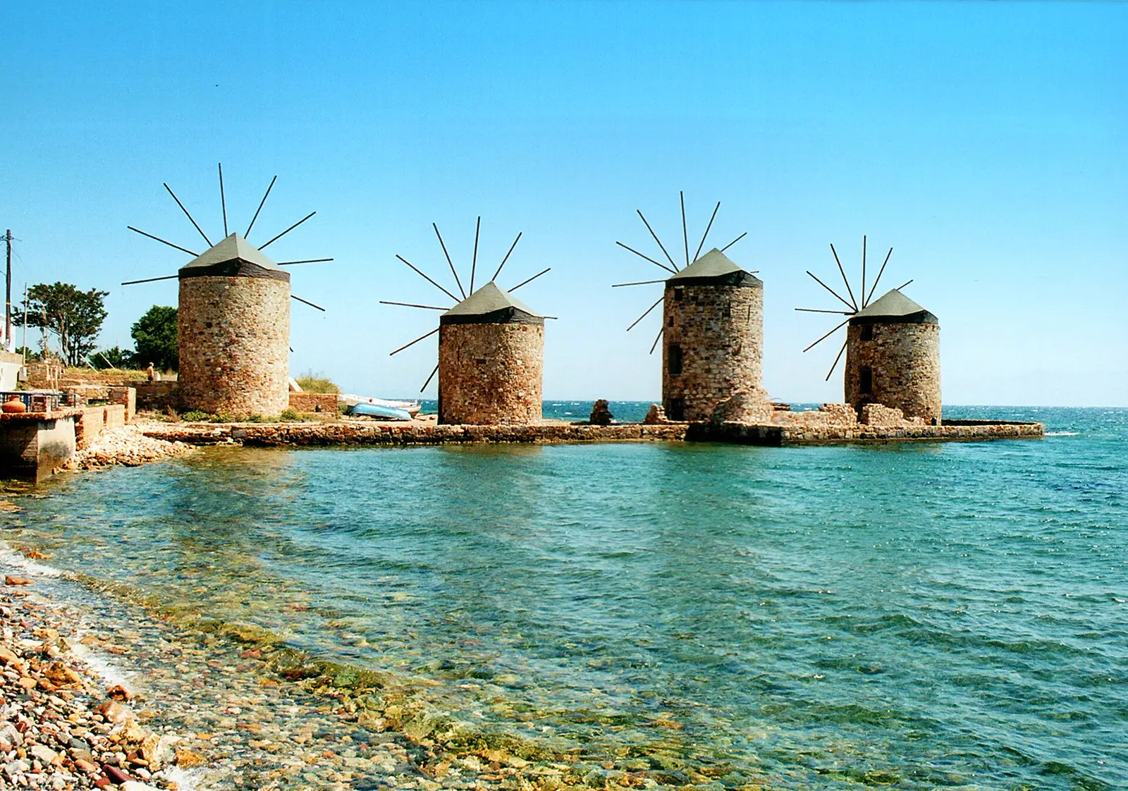 The Tampakika stone windmills on the Chios waterfront